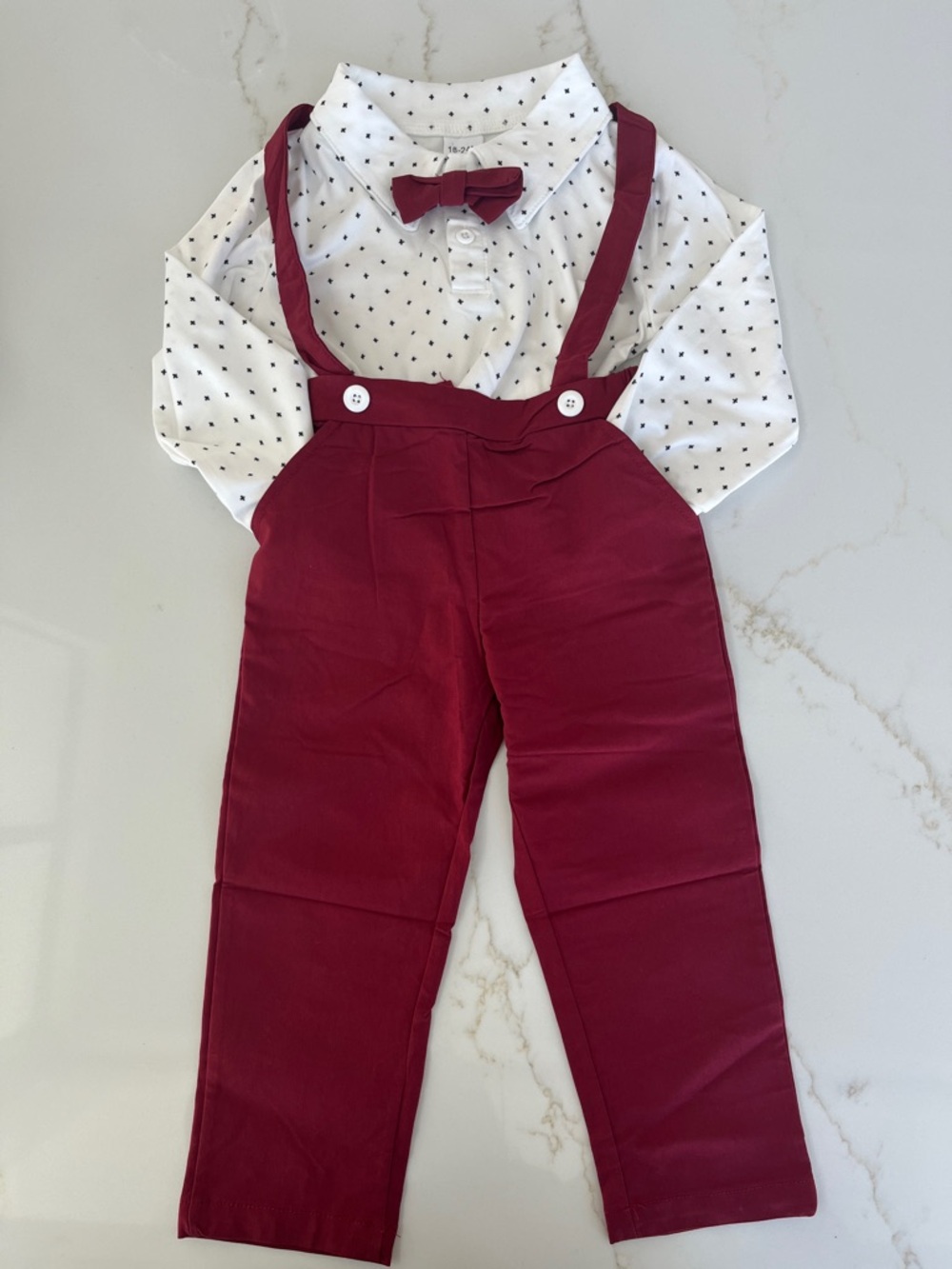 Boys 18-24M Burgundy Suspender Pants with Bow Tie and Shirt